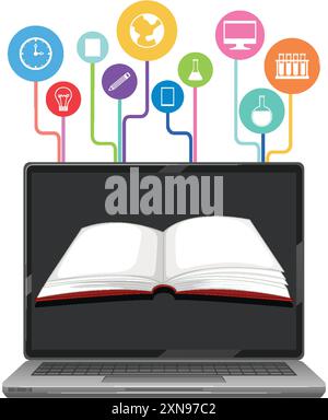 Open book on laptop with educational icons Stock Vector