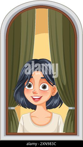 Happy woman looking out from window Stock Vector
