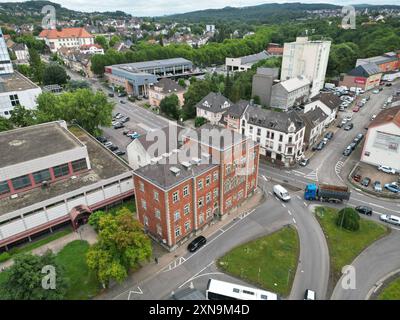 Drohnenaufnahme von Völklingen mit Blick über das Amtsgericht in Richtung Stadtwerke Völklingen Hetz hinten am Dienstag 30.07.2024. *** Drone image of Völklingen with a view over the district court towards Stadtwerke Völklingen Hetz at the back on Tuesday 30 07 2024 bub Stock Photo