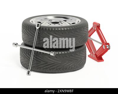 Car tyres, vehicle jack and lug wrench isolated on white background. 3D illustration. Stock Photo