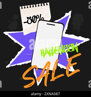 Halloween discount banner with phone, for social media. Collage halftone style collage. Vector illustration Stock Vector