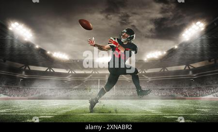 Dynamic image of man, American football player in motion, hitting ball in run, during match, on open air arena with fans stand. 3D render of stadium Stock Photo