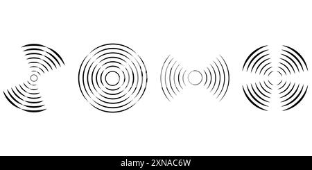 Set of circular ripple icons. Concentric circles with broken lines isolated on white background. Vortex, sonar wave, soundwave, sunburst, signal signs Stock Vector