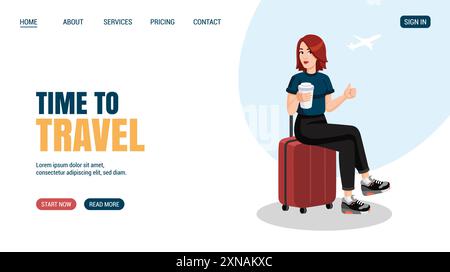 Young woman sitting on suitcase showing thumbs up. Travelling concept. Vector. Time to travel website, web page. Stock Vector