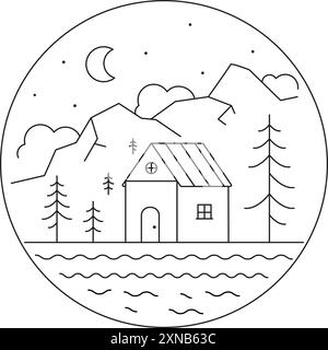 House, hut in the mountains, vector minimalistic illustration. Mountain landscape black and white vector, illustration, sketch. Silhouette of Stock Vector