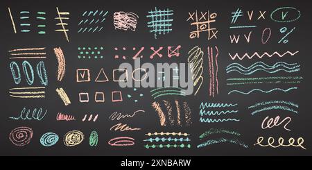 Charcoal pencil hand drawing curly lines, splash, squiggles and shapes Color chalk elements on Black chalkboard Grunge chalk crayon scribbles doodles Stock Vector