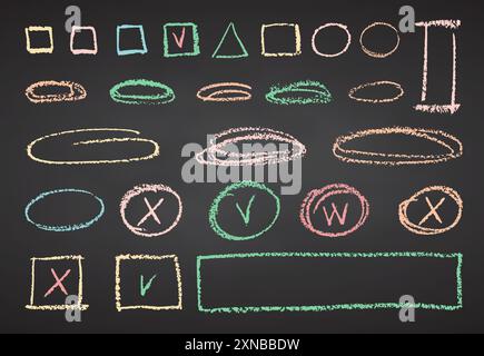 Charcoal pencil hand drawing curly lines, splash, squiggles and shapes. Color chalk elements on black chalkboard Grunge chalk crayon scribbles doodles Stock Vector