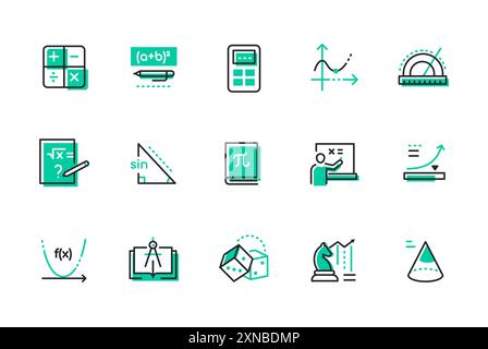 Exact sciences and mathematics - set of line design style icons Stock Vector