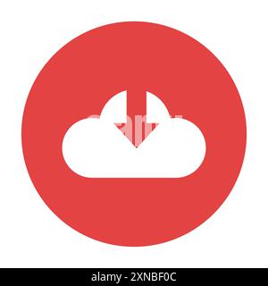 Cloud download icon. Red circular background. White arrow detail. Simple vector graphic. Stock Vector
