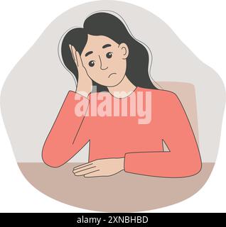 Young woman sitting at the table and feeling sad. Female depression, fatigue, loneliness. Person is lost in her thoughts, vector graphics Stock Vector