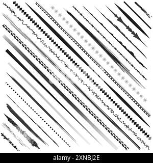 Various decorative lines. Hand drawn borders. Vector design elements. Black and white patterns. Stock Vector