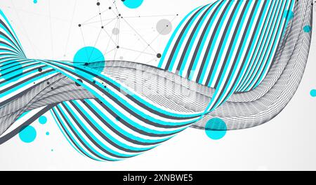Abstract wavy background with colorful lines and wireframe wave. Hand drawn vector. Stock Vector