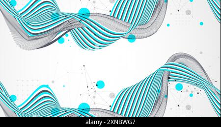 Abstract wavy background with colorful lines and wireframe wave. Hand drawn vector. Stock Vector