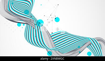 Abstract wavy background with colorful lines and wireframe wave. Hand drawn vector. Stock Vector