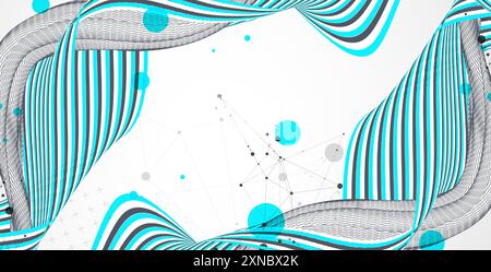 Abstract wavy background with colorful lines and wireframe wave. Hand drawn vector. Stock Vector