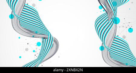 Abstract wavy background with colorful lines and wireframe wave. Hand drawn vector. Stock Vector