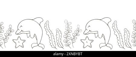 Marine seamless border. Monochrome fairy-tale drawing. Dolphins. Vector design for paper, cover and other use Stock Vector