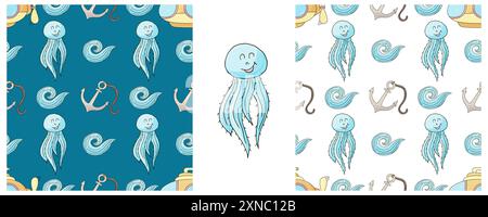 Anchor. Set Creative marine seamless patterns. Pattern in hand draw style, created for fabrics Stock Vector