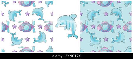 Submarines and sea inhabitants. Set marine seamless pattern. Pattern in hand draw style, created for fabrics Stock Vector