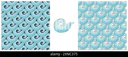 Waves. Set marine seamless pattern. Pattern in hand draw style, created for fabrics, etc Stock Vector