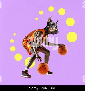 Contemporary art collage. Motivated basketball player with dog's head dribbling with two balls against violet background with dynamic lines of circles Stock Photo