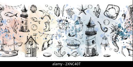 Marine underwater animals, a lighthouse and a boat. Illustration of graphic line art in black and white, hand drawn. Horizontal, seamless border Stock Vector