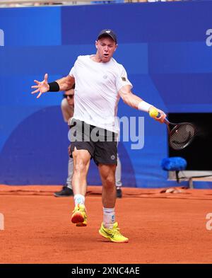 Roland Garros, Paris, France. 31st July, 2024. Dominik Keeper (Germany) competes during the match between Novak Djokovic (Serbia) and Dominik Keeper (Germany) on Day 4 of the Olympic Games at Roland Garros, Paris, France. Ulrik Pedersen/CSM/Alamy Live News Stock Photo