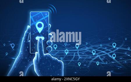Phone with map and pins. Phone mobile app, gps tracker, geo location Stock Vector