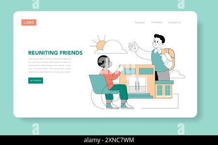 Friendship concept. Two characters greeting each other warmly in a suburban setting, indicating camaraderie. A heartfelt reunion tale. Vector illustration. Stock Vector