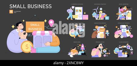 Small Business set. Diverse aspects of entrepreneurship from e-commerce to digital marketing. Engaging illustrations on start-ups, remote work, and innovation. Vector illustration. Stock Vector
