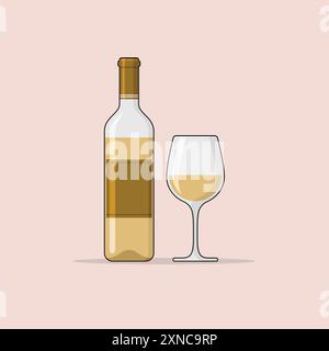 Bottle and Glass of White Wine on Background, Flat Design Vector Illustration, Alcohol Drink for Restaurant. Stock Vector