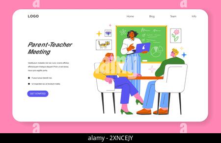 Back to School concept. Illustration of a parent-teacher meeting, with engaged discussion and a colorful classroom setting. Digital education interface design. Vector illustration. Stock Vector