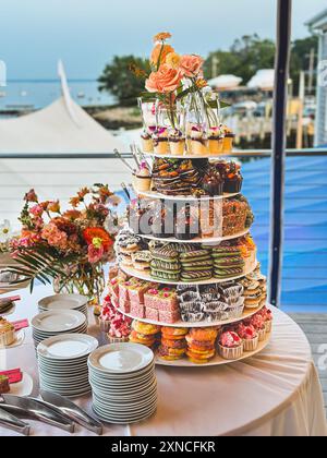 A beautiful display tower of desserts for a wedding celebration Stock Photo