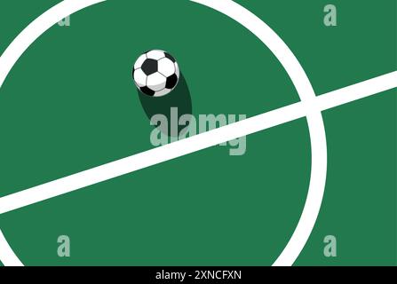 Ball on soccer field top view, football pitch view from above, poster with space for text, vector Stock Vector
