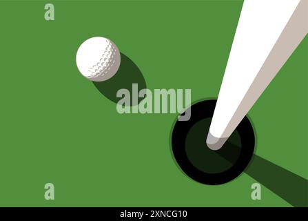 Golf ball on golf course near hole with flagstick, view from above, close up, vector Stock Vector