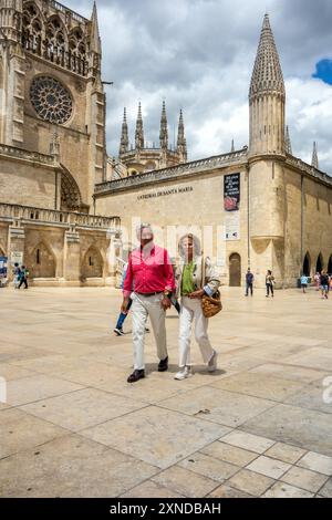 People and tourists outside the Cathedral of Saint Mary the virgin in the plaza Maria in the Spanish city of Burgos Spain Castile and Leon Stock Photo