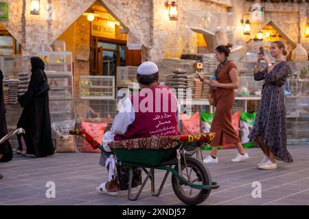 Qatari people shopping at the traditional bird market Souq Waqif.  Qatar, Middle East Stock Photo