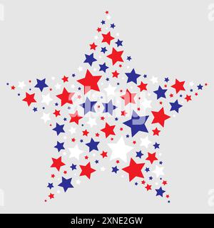 Red, white and blue stars forming a large star shape on a light grey background. Creating a bold and patriotic pattern. Stock Vector