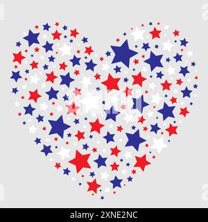 Heart shape made of red, white and blue stars isolated on a light gray background. Creating a bold and patriotic pattern. Stock Vector