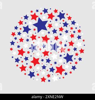 Red, white and blue stars forming a circle isolated on light grey background. Creating a bold and patriotic pattern. Stock Vector