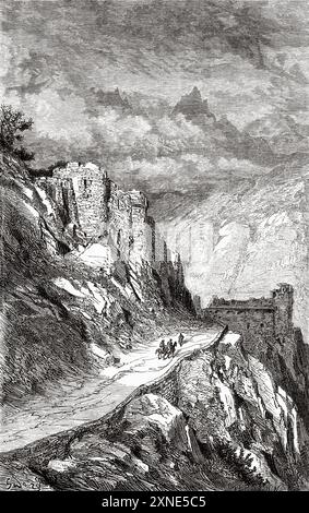 The Pertus mountain pass, road from Perpignan to La Junquera, Catalonia. Journey to Spain, 1862 by Jean Charles Davillier (1823-1883) Drawing by Gustave Dore (1832-1883) Le Tour du Monde 1862 Stock Photo