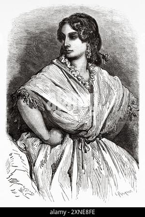 Young woman at Valencia market dressed in traditional typical costumes, Comunidad Valenciana. Journey to Spain, 1862 by Jean Charles Davillier (1823-1883) Drawing by Gustave Dore (1832-1883) Le Tour du Monde 1862 Stock Photo