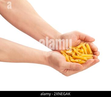 pasta penne rigate in hand path isolated on white Stock Photo