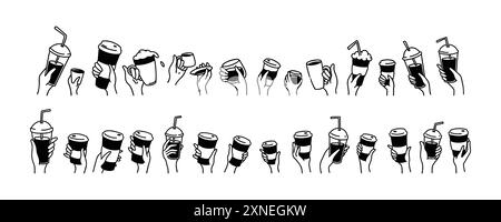 Raising hands up with coffee. Cute line doodle. Different types and size hot drinks. Group of people, men and women in the morning at breakfast. Frien Stock Vector