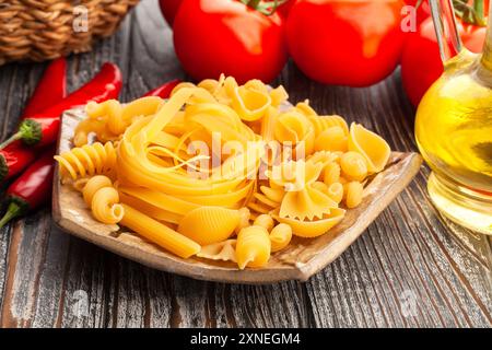 pasta mix on wood background Stock Photo