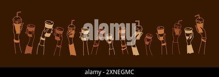 Coffee shop chalkboard design. Doodle hands up with coffee. Crowd of people, men and children holding disposable glass and paper cups. Teamwork concep Stock Vector