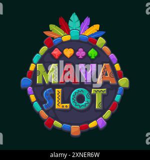 Game icon for Maya slot. Round granite frame design element. APP icon with playing card suit symbols Stock Vector