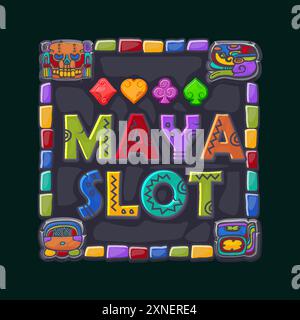 Game icon for Maya slot. Cartoon Maya tribal symbols. Ancient granite frame design element. APP icon with playing card suit symbols Stock Vector