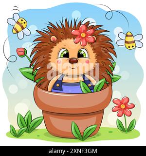 Cute cartoon hedgehog in a flower pot with flowers and bees. Vector illustration of animal in nature. Stock Vector