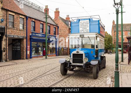 COUNTY DURHAM, UK - October 10, 2023. 1900s town with old passenger bus, reconstructed at Beamish living museum, Durham, UK Stock Photo